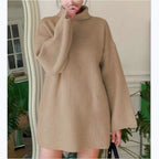 Damen Langer Strickpullover mit hohem Kragen und weit ausgestellten Ärmeln