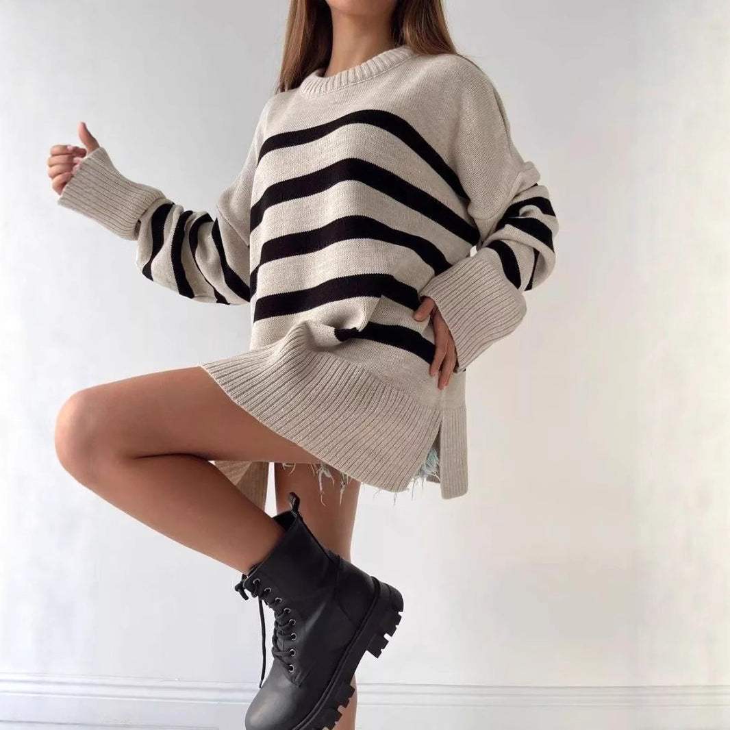 Damen Oversized Strickpullover mit markantem Streifenmuster und Rippenbündchen