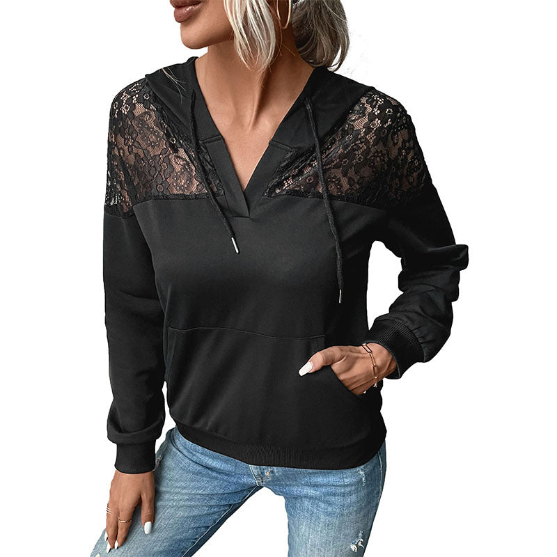 Damen Kapuzenpullover mit Spitzenbesatz und Kängurutasche R&B