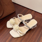 Damen elegante Sandalen mit transparentem Blockabsatz und floralem Schmuck