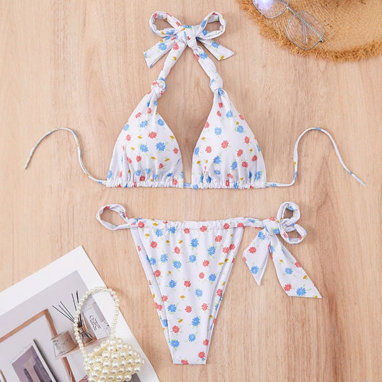 Damen Floral gemusterter Triangel-Bikini mit verspieltem Bindeband R&B