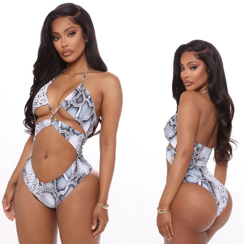 Damen Einteiler Badeanzug mit aufregendem Schlangenprint und modischen Cut-Outs R&B