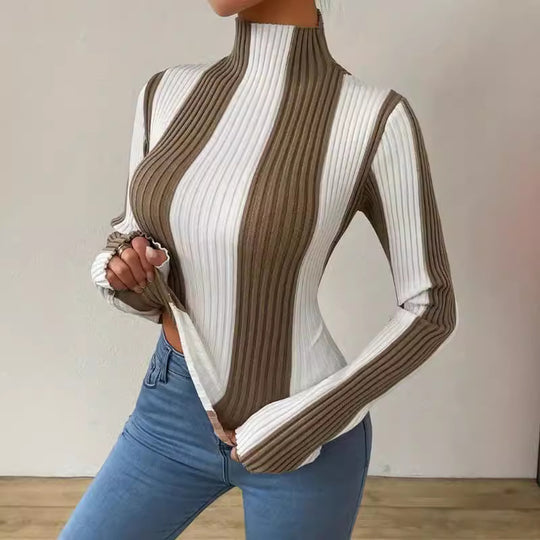 Damen Langarmshirt mit strukturiertem Rippmuster und hohem Kragen R&B