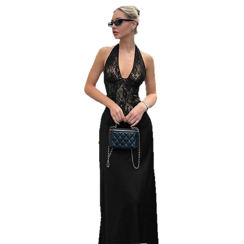Damen Elegantes Maxikleid mit tiefem V-Ausschnitt und Spitzeneinsatz R&B