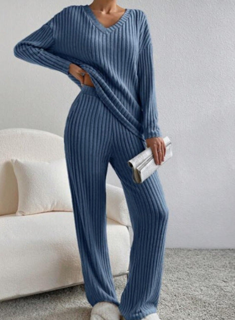 Damen Freizeit-Loungewear-Set aus weichem Rippstoff mit V-Ausschnitt R&B
