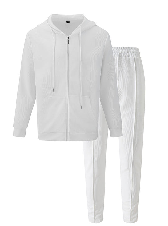 Herren nan Waffelstruktur-Jogginganzug mit Kapuzen-Zipjacke und konisch geschnittener Jogginghose R&B