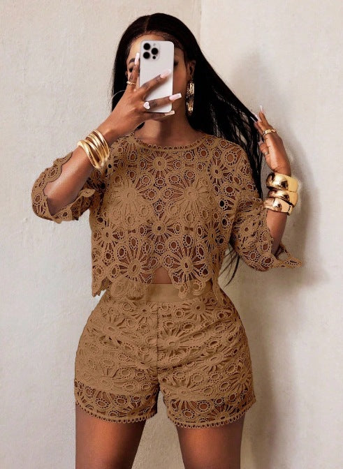 Damen nan gehäkeltes zweiteiliges Set mit Crop-Top und taillenhohen Shorts R&B