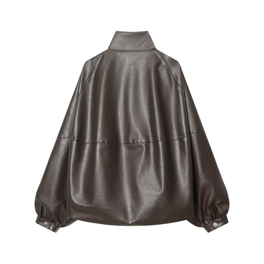 Damen Kunstlederjacke mit voluminösen Ärmeln und gewelltem Design R&B