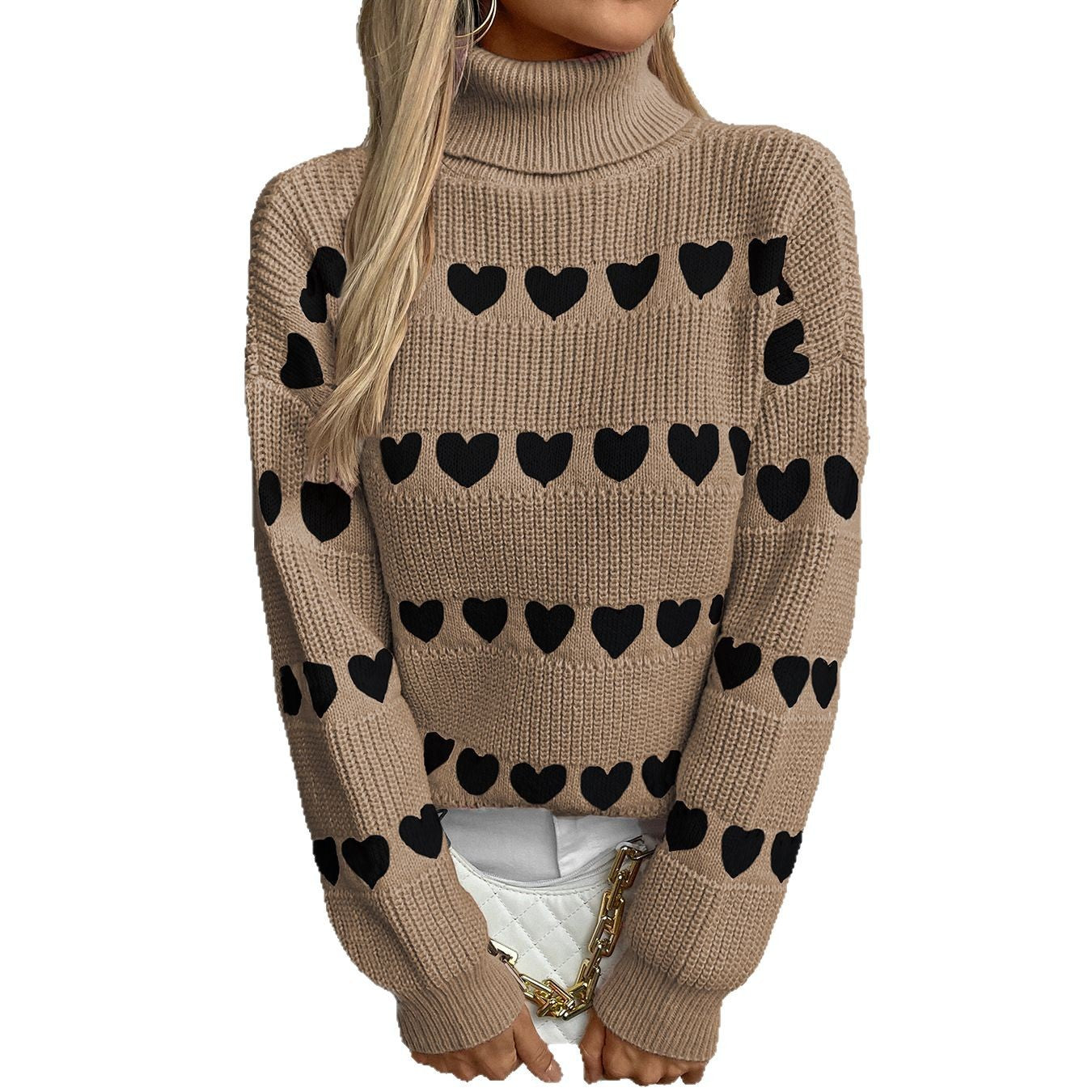 Damen Strickpullover mit Herzmuster und hohem Kragen