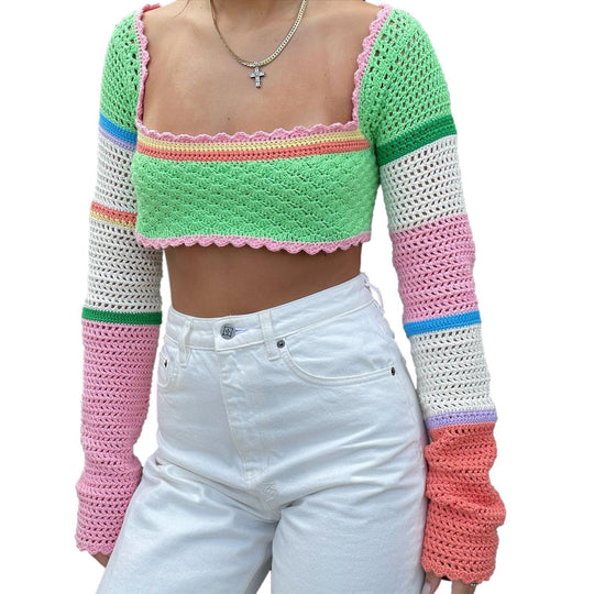 Damen gehäkeltes Crop-Top mit breiten, bunten Ärmeln R&B