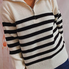 Damen gestreifter Pullover mit modernem Stehkragen und kurzer Reißverschluss R&B