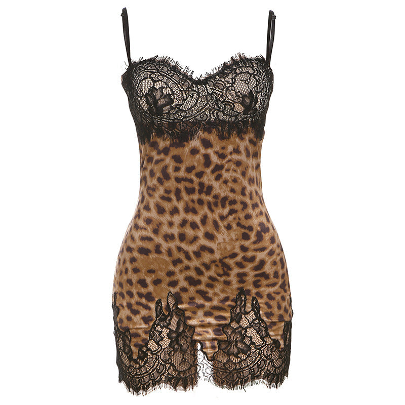 Damen Elegantes Spitzen-Nachtkleid mit Leopardenmuster und verführerischen Details R&B