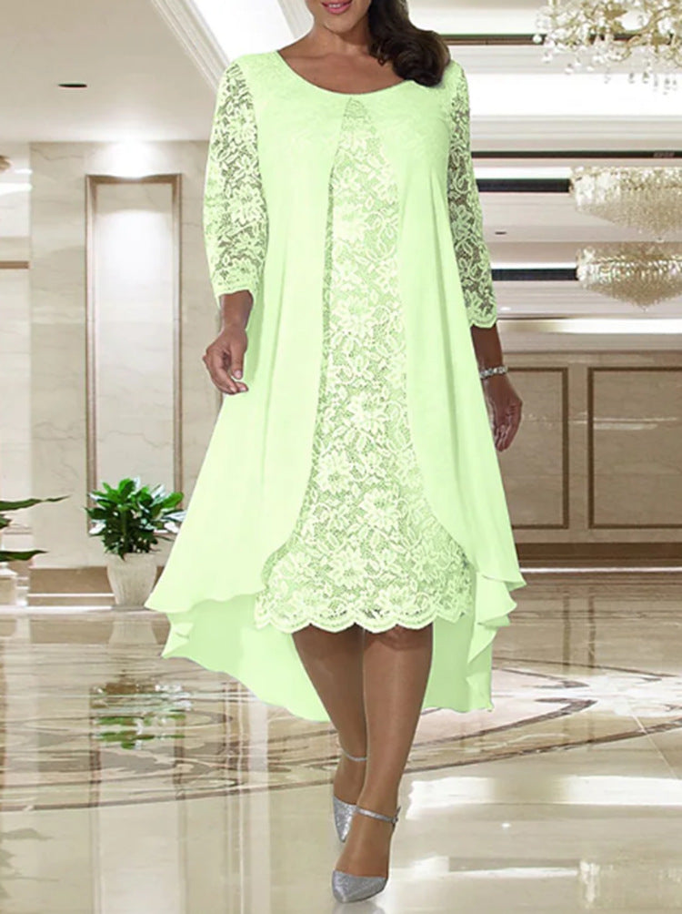 Damen nan elegantes Chiffon-Spitzenkleid mit Vokuhila-Überwurf und dreiviertelärmeln R&B