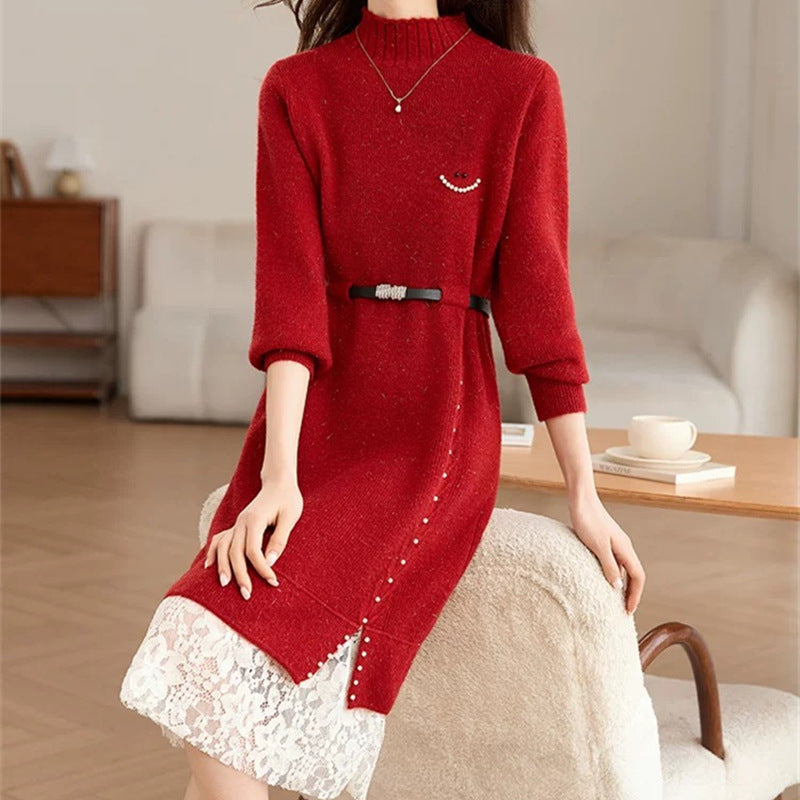 Damen Strickkleid mit dekorativen Knopfdetails und Spitze R&B