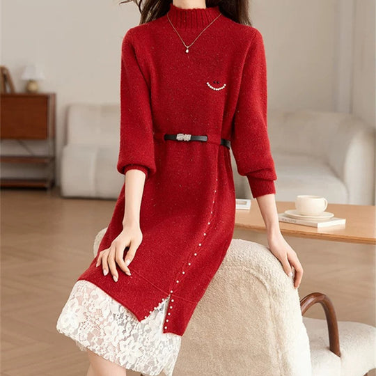 Damen Strickkleid mit dekorativen Knopfdetails und Spitze R&B