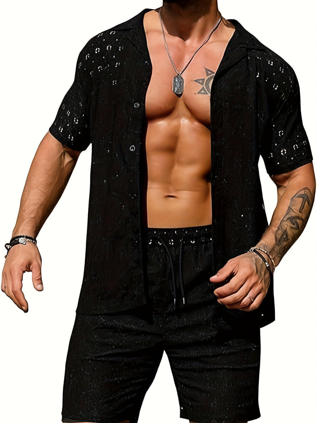 R&B | Lässige Herren hohlen einfarbigen Hemd Kordelzug Shorts zweiteiliges Set