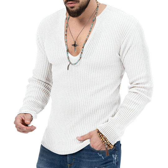 Herren Langarm-Rippenpullover mit tiefem V-Ausschnitt und modernem Schnitt R&B