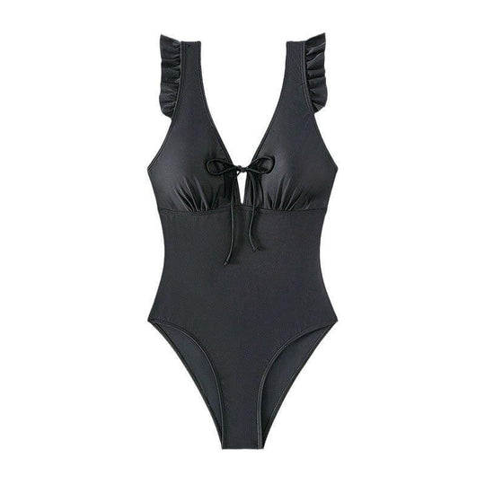 Damen Eleganter Einteiler Badeanzug mit Rüschendetails und tiefem V-Ausschnitt R&B