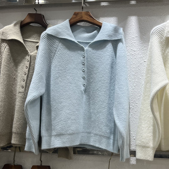 Damen Strickpullover mit Kragen und Knopfleiste R&B