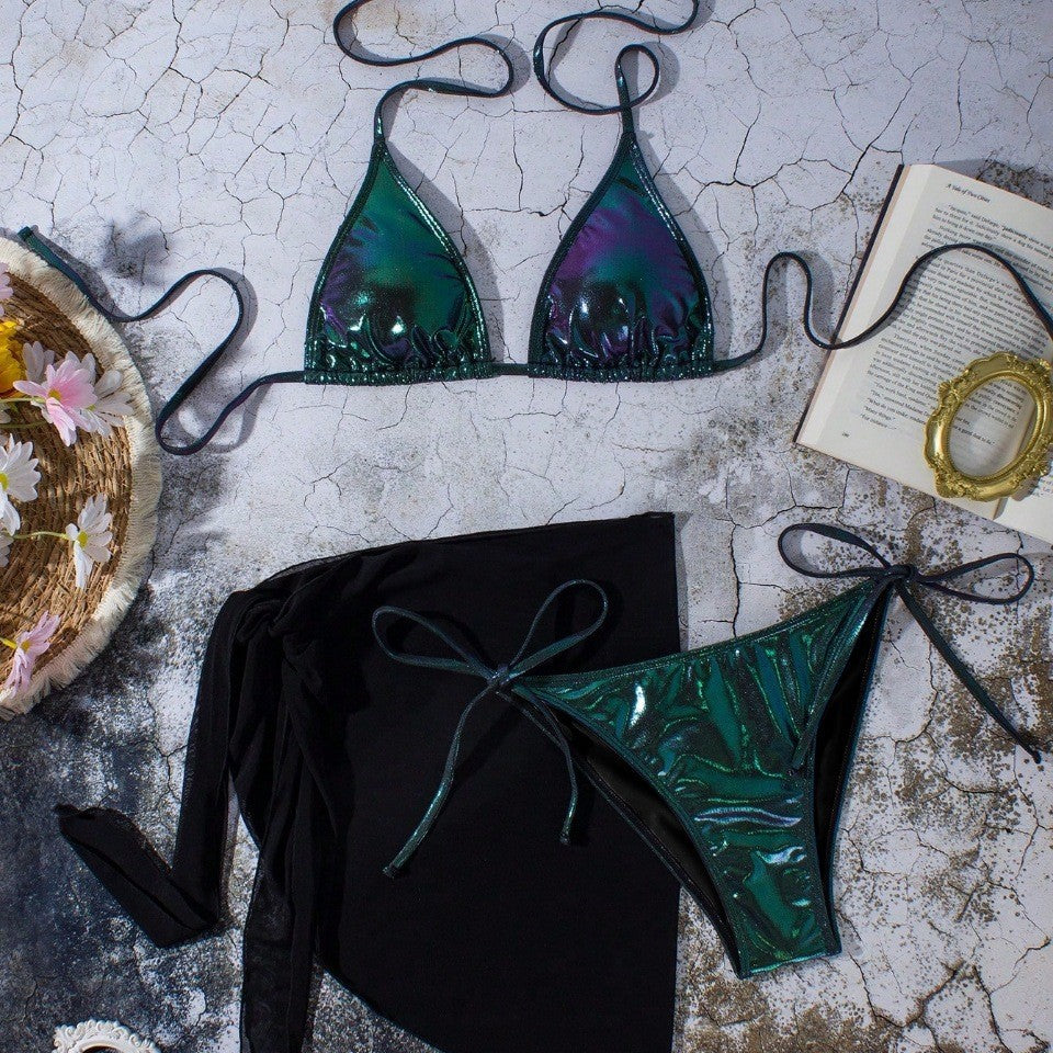 Damen Glänzender Triangel-Bikini mit Wickelrock R&B