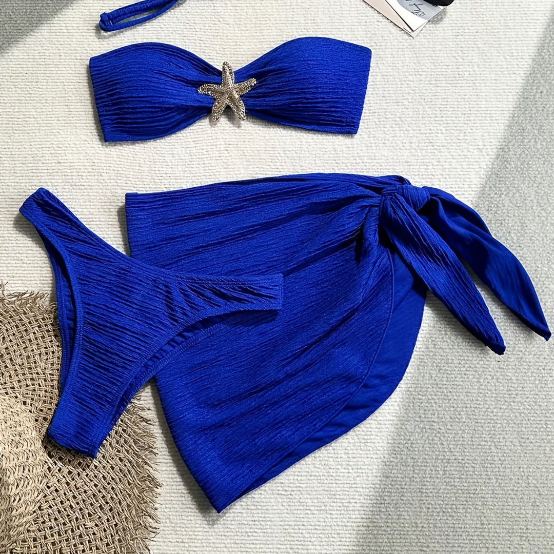 Damen Bandeau-Bikini-Set mit verspieltem Wickelrock und funkelndem Starfish-Detail R&B