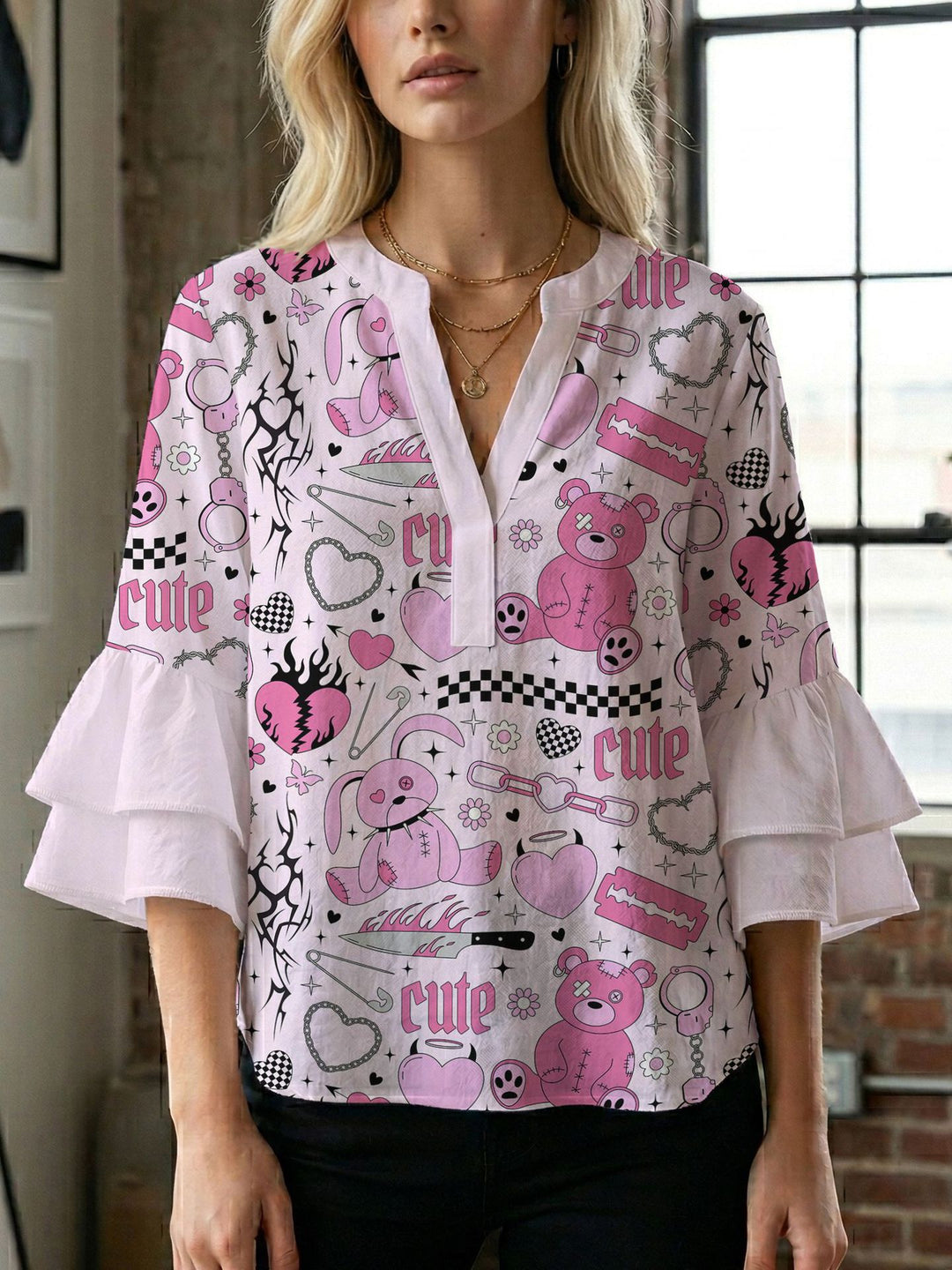 Damen Blusenshirt mit voluminösen Ärmeln und kreativem Druckdesign R&B