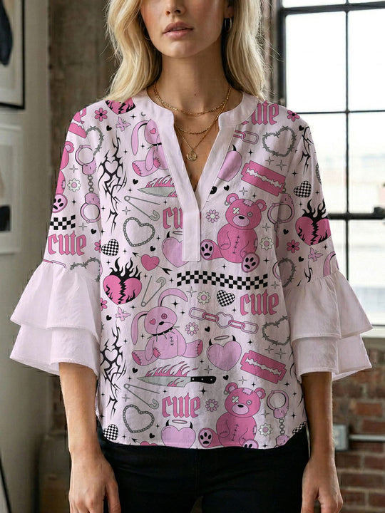 Damen Blusenshirt mit voluminösen Ärmeln und kreativem Druckdesign R&B