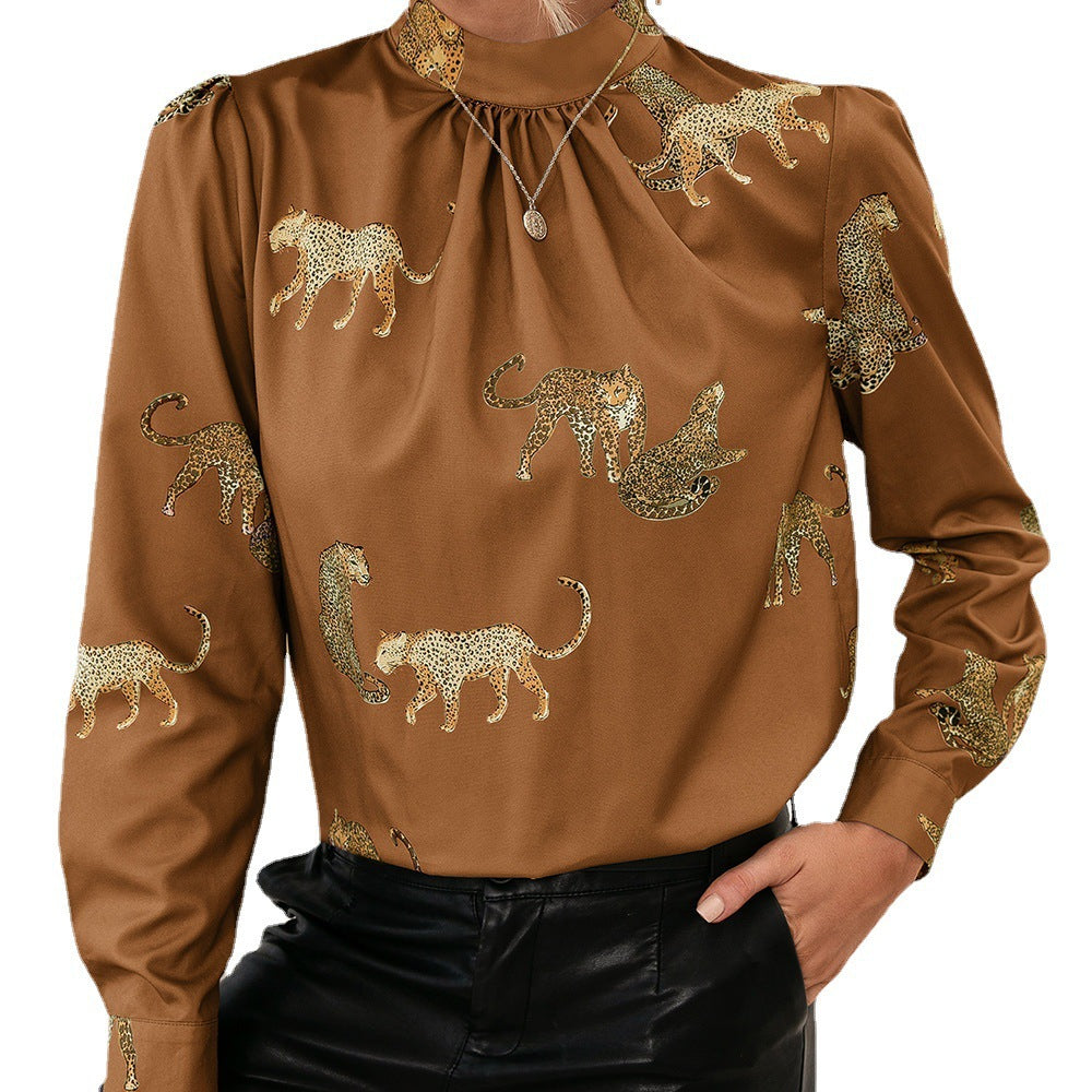 Damen Bluse mit glamourösem Tierdruck und eleganter Stehkragenform R&B