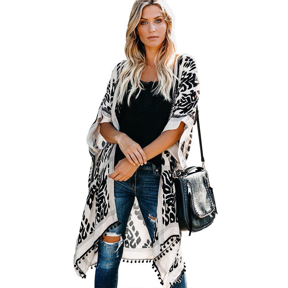 Damen Luftige Kimono-Cardigan mit aufwändigem Muster und fransenbesetzten Saum R&B