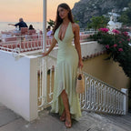Damen elegantes Maxikleid mit tiefem V-Ausschnitt und transparentem Überwurf R&B
