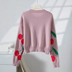 Damen lässiger Pullover mit fruchtigem Kirschmuster und weichem Strick