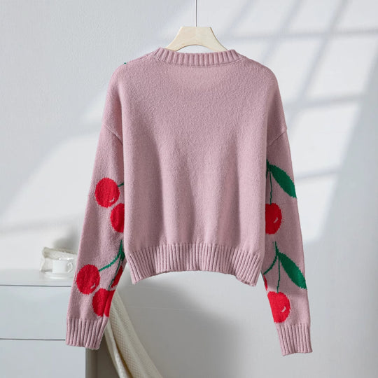 Damen lässiger Pullover mit fruchtigem Kirschmuster und weichem Strick R&B