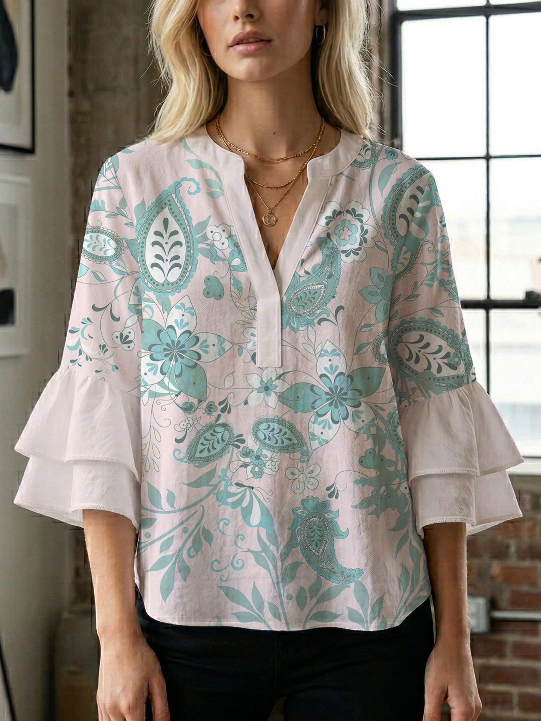 Damen elegantes Blusenshirt mit voluminösen Rüsenärmeln und grafischem Blumendesign R&B