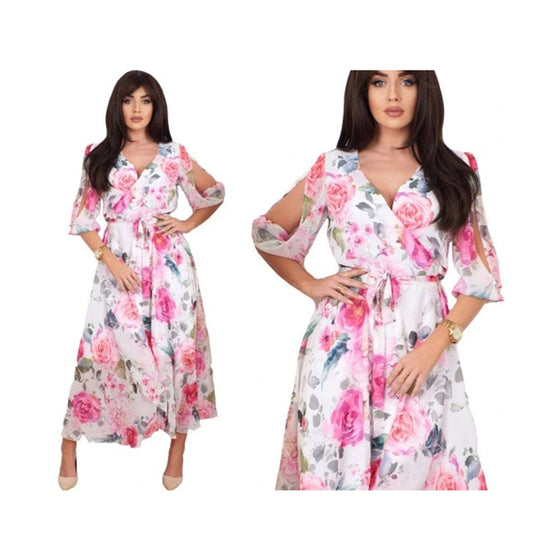 Damen Maxikleid mit schulterfreien Ärmeln und floralem Design R&B