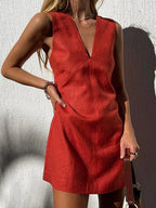 Damen leichtes Leinenkleid mit tiefem V-Ausschnitt und ärmellosem Design R&B