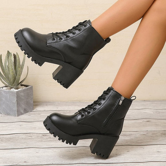 Damen High-Top Stiefeletten mit robustem Blockabsatz und Schnürung R&B