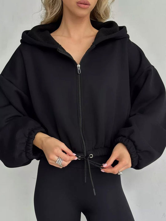 Damen cropped Hoodie mit Reißverschluss und verstellbarem Bund R&B