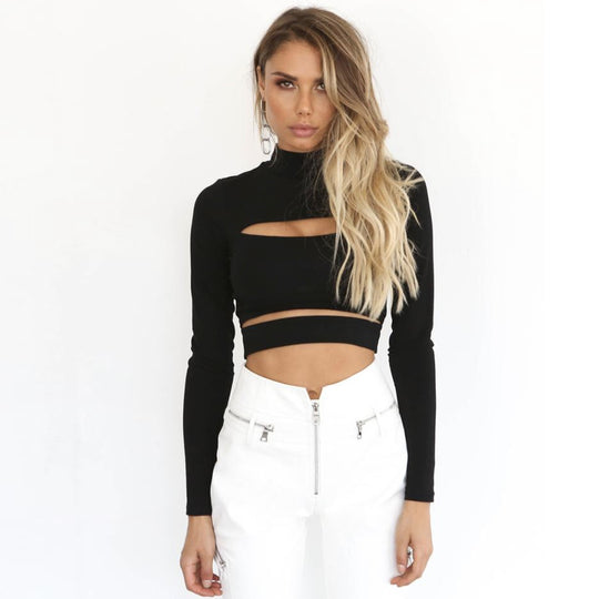 Damen Crop-Top mit Cut-Outs und hochgeschlossenem Design R&B
