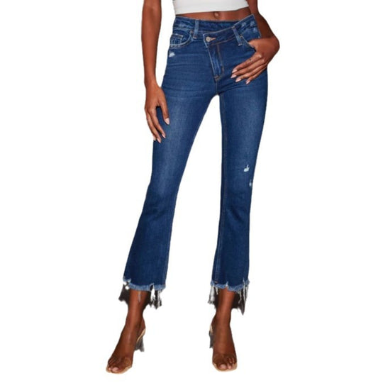 Damen Bootcut Jeans mit fransigem Saum und trendiger Waschung R&B