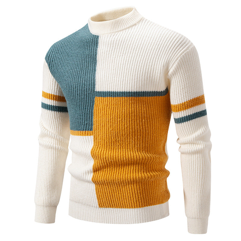 Herren Strickpullover mit modernem Farbblockdesign und hohem Kragen R&B