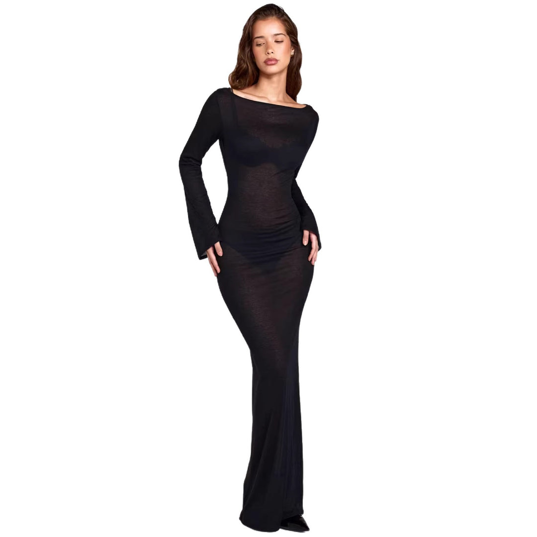 Damen elegantes langärmliges Maxikleid aus transparentem Stoff mit figurbetontem Schnitt R&B