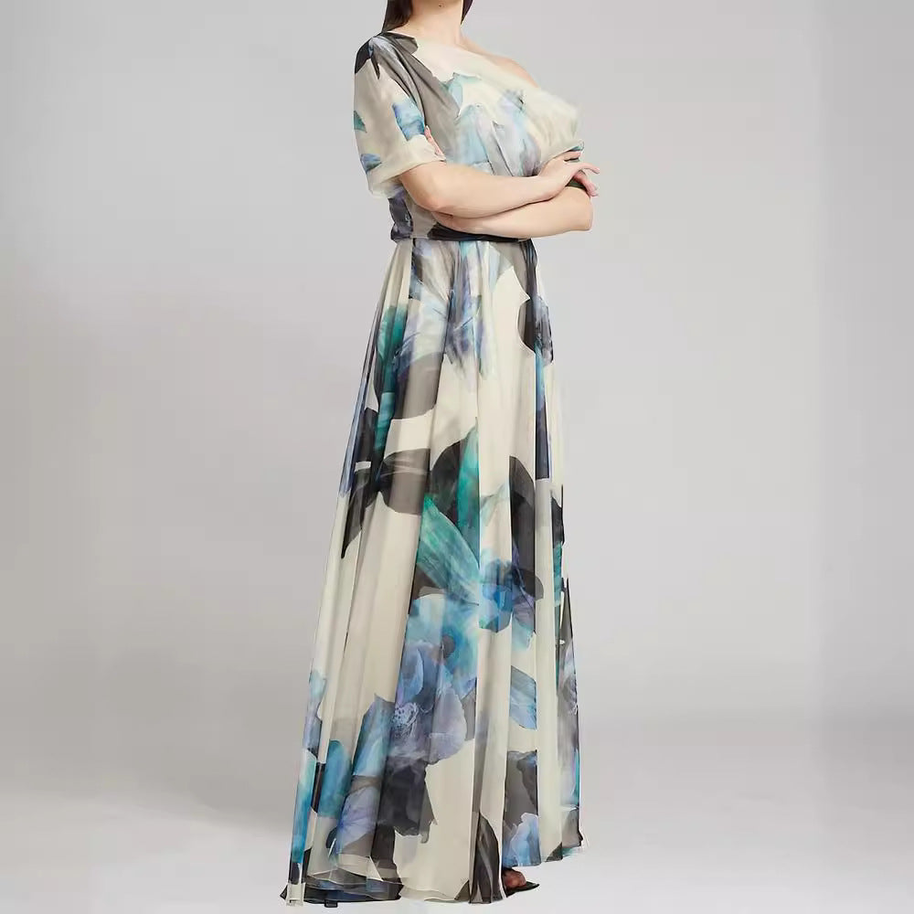 Damen elegantes Chiffon-Kleid mit schulterfreiem Design und floralem Muster EB