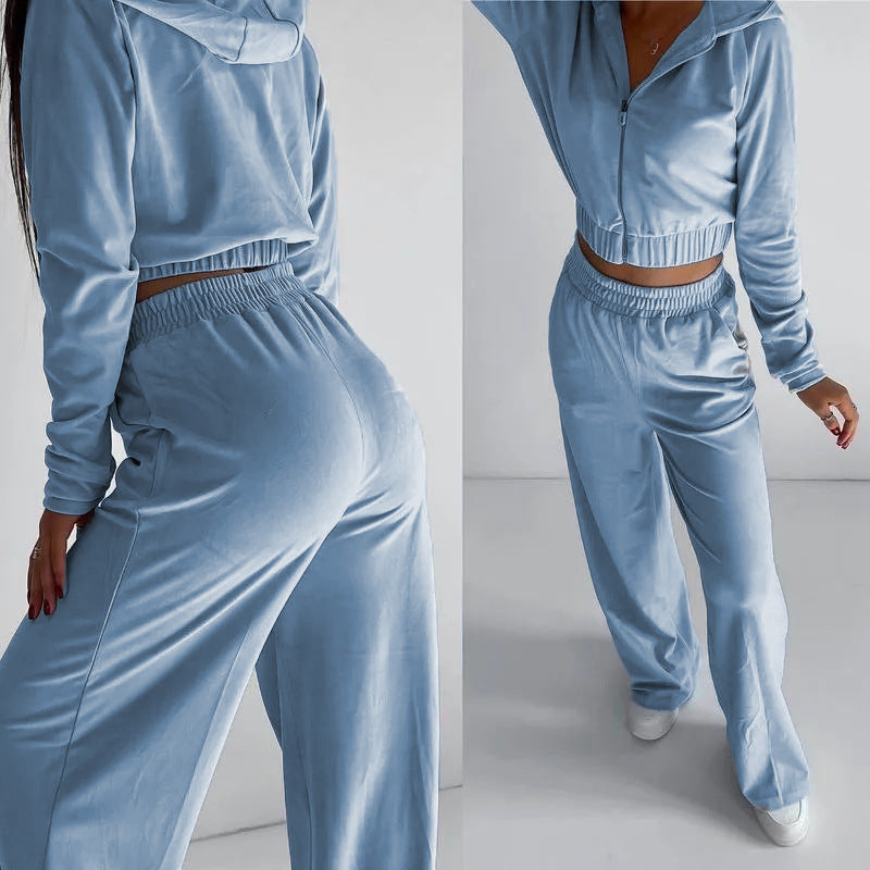 Damen sportliches Fleece Lounge-Set mit kurzem Schnitt und elastischem Bund R&B