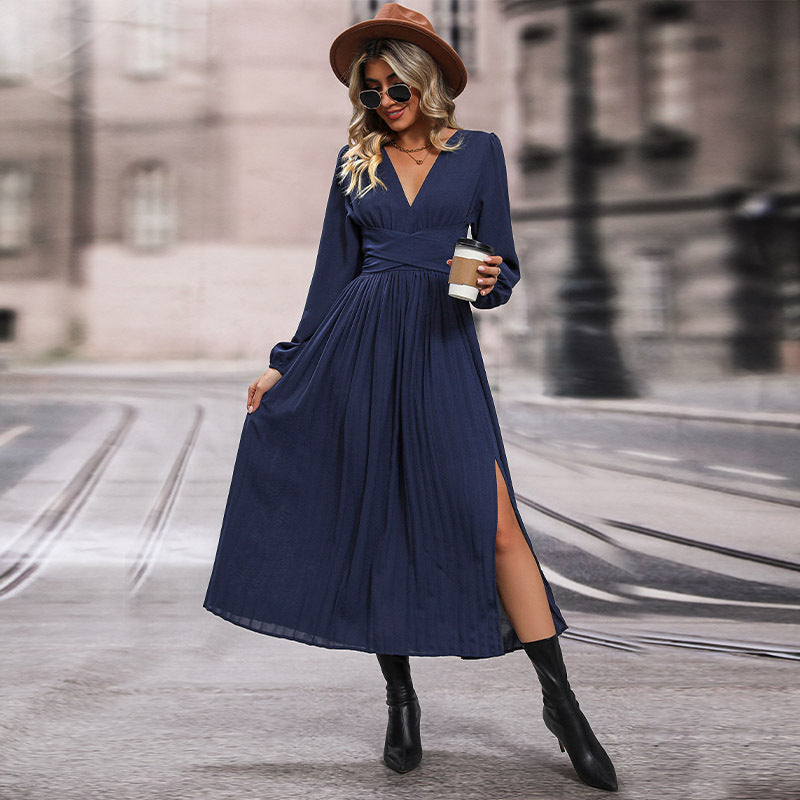 Damen Maxikleid mit V-Ausschnitt und langen Ärmeln R&B