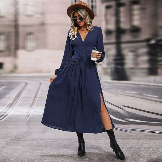 Damen Maxikleid mit V-Ausschnitt und langen Ärmeln R&B