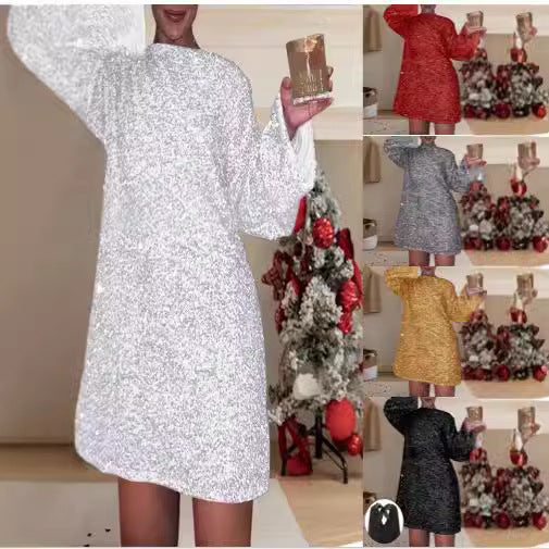 Damen Glitzerndes Minikleid mit weitem Schnitt und langen Ärmeln R&B