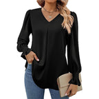 Damen fließende V-Ausschnitt Bluse mit eleganten Puffärmeln R&B