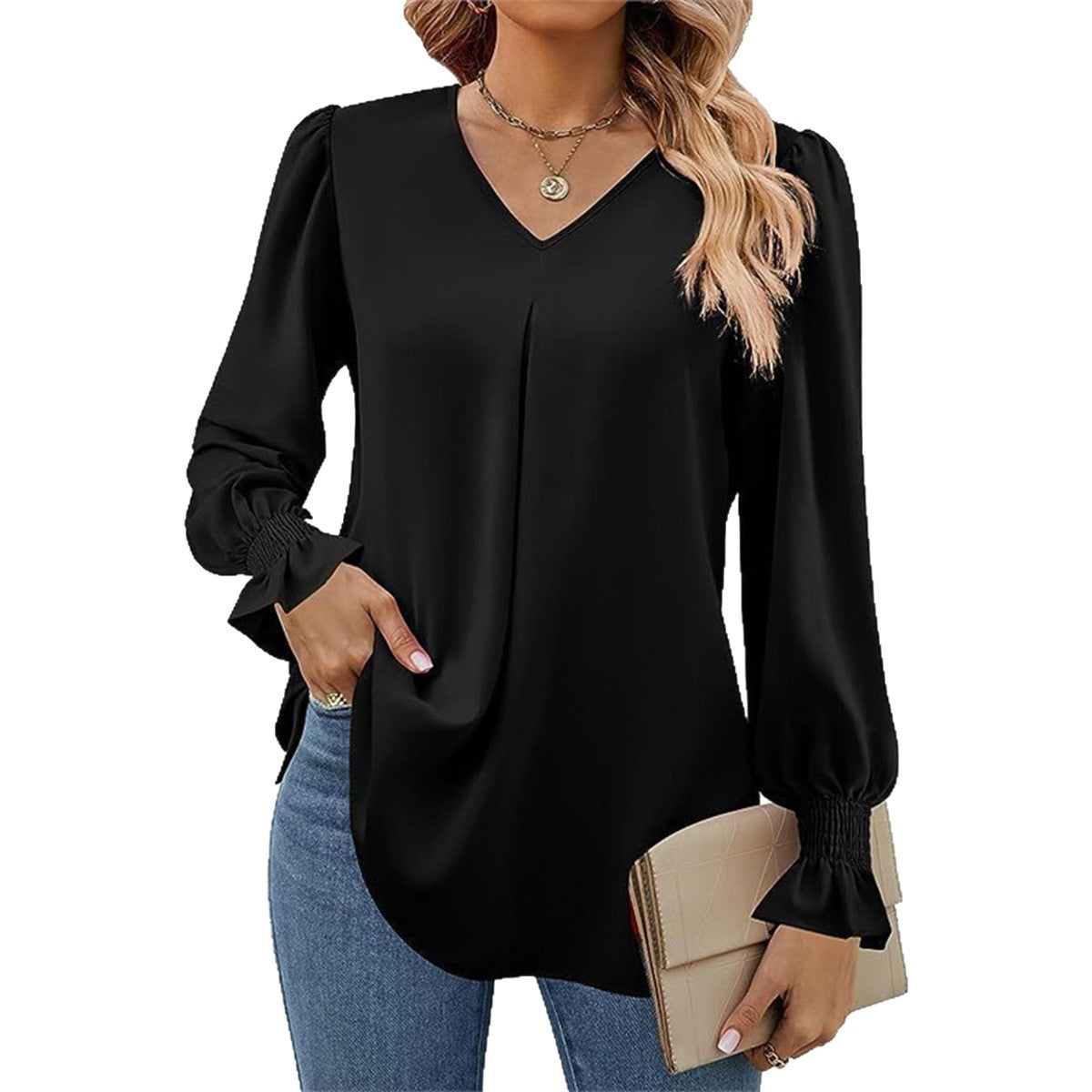 Damen fließende V-Ausschnitt Bluse mit eleganten Puffärmeln R&B