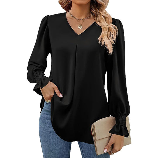 Damen fließende V-Ausschnitt Bluse mit eleganten Puffärmeln R&B