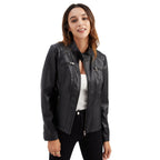 Damen nan taillierte Bikerjacke aus Kunstleder mit Stepppaneelen und Stehkragen R&B